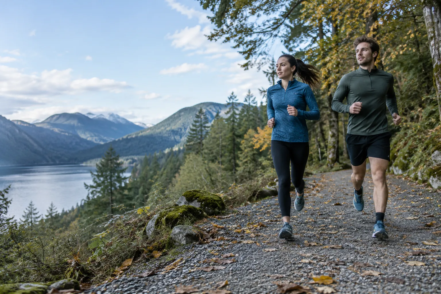 Two runners on an autumn woodland trail