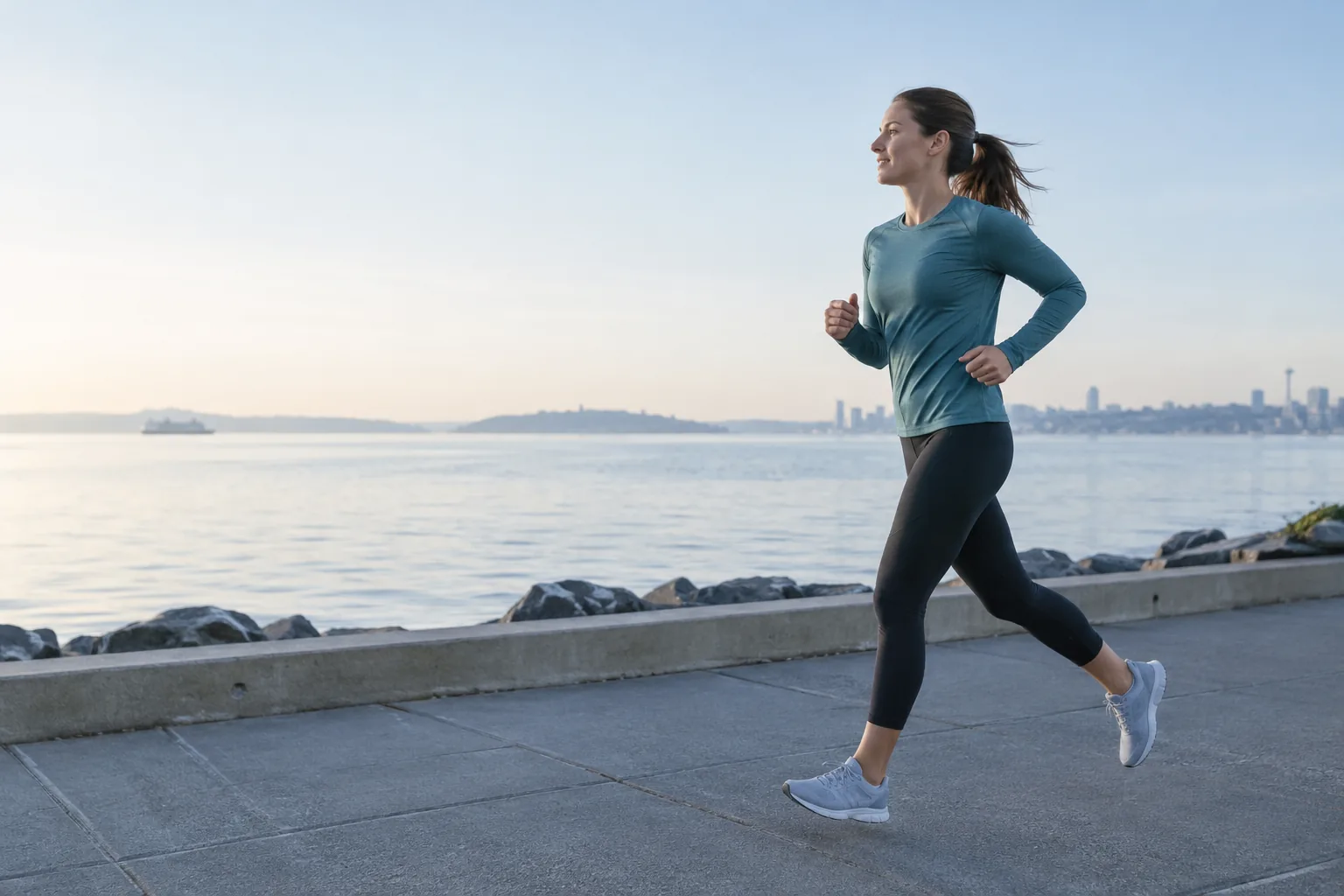 A runner jogging easily along an open waterfront path