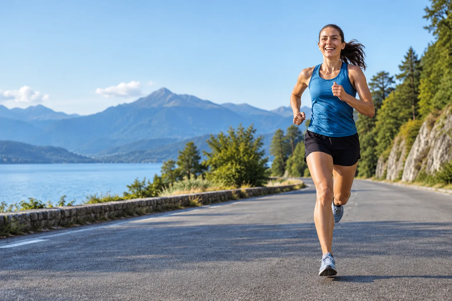 A runner on a quiet road beside a lake and mountains