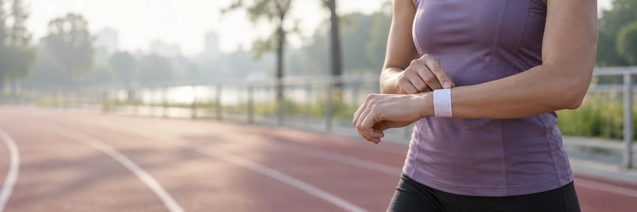 A runner checking a paper pace band on their wrist beside a running track