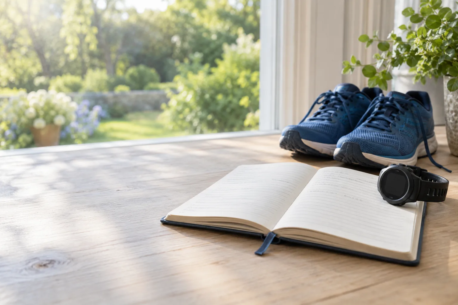 An open running journal, sports watch and blue running shoes on a table beside a window